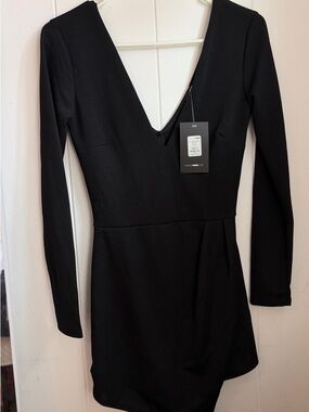 Fashion Nova Black Long Sleeve Deep V Romper